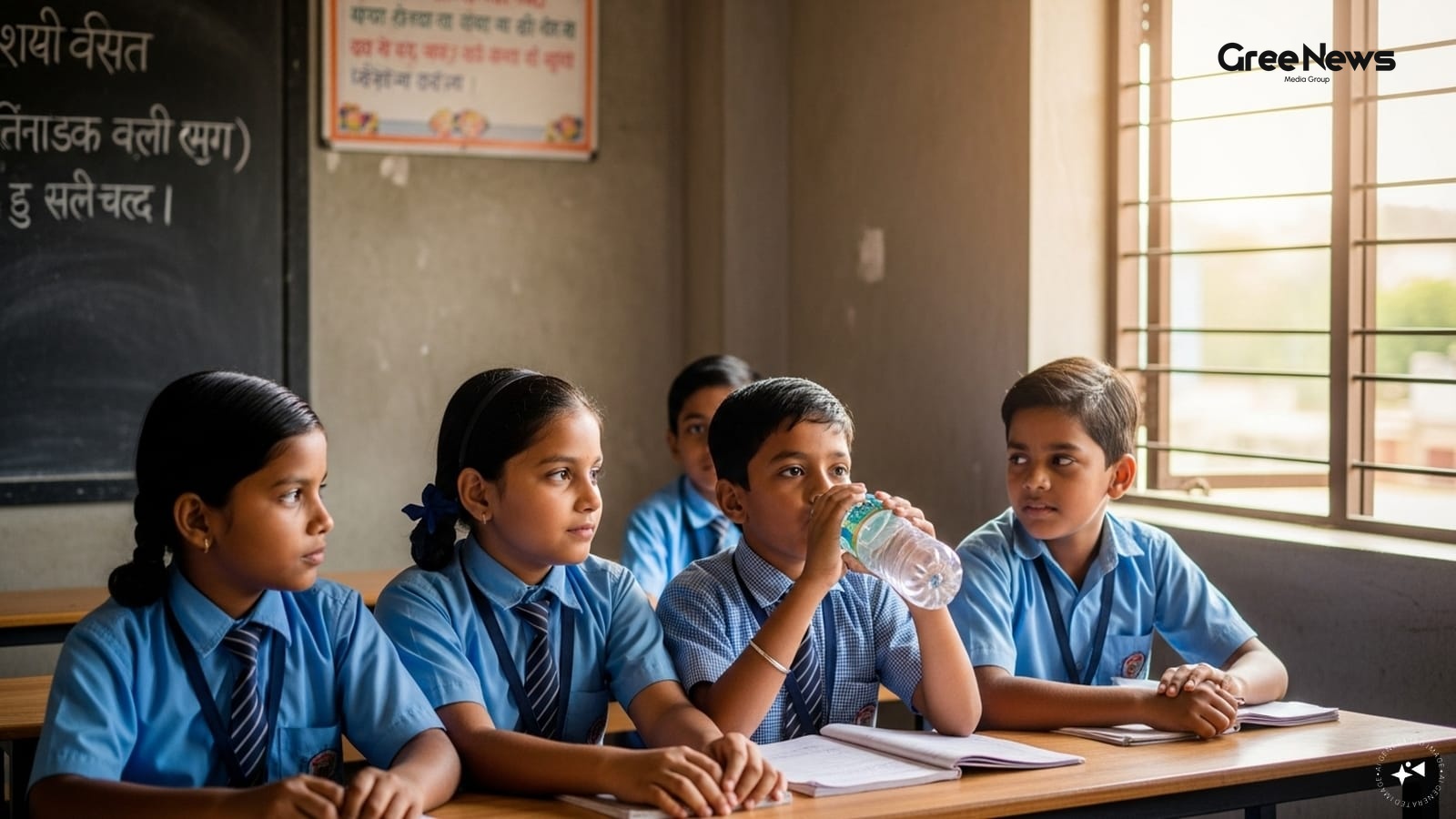 Students gathering under a shaded area in a Delhi school during a heatwave
