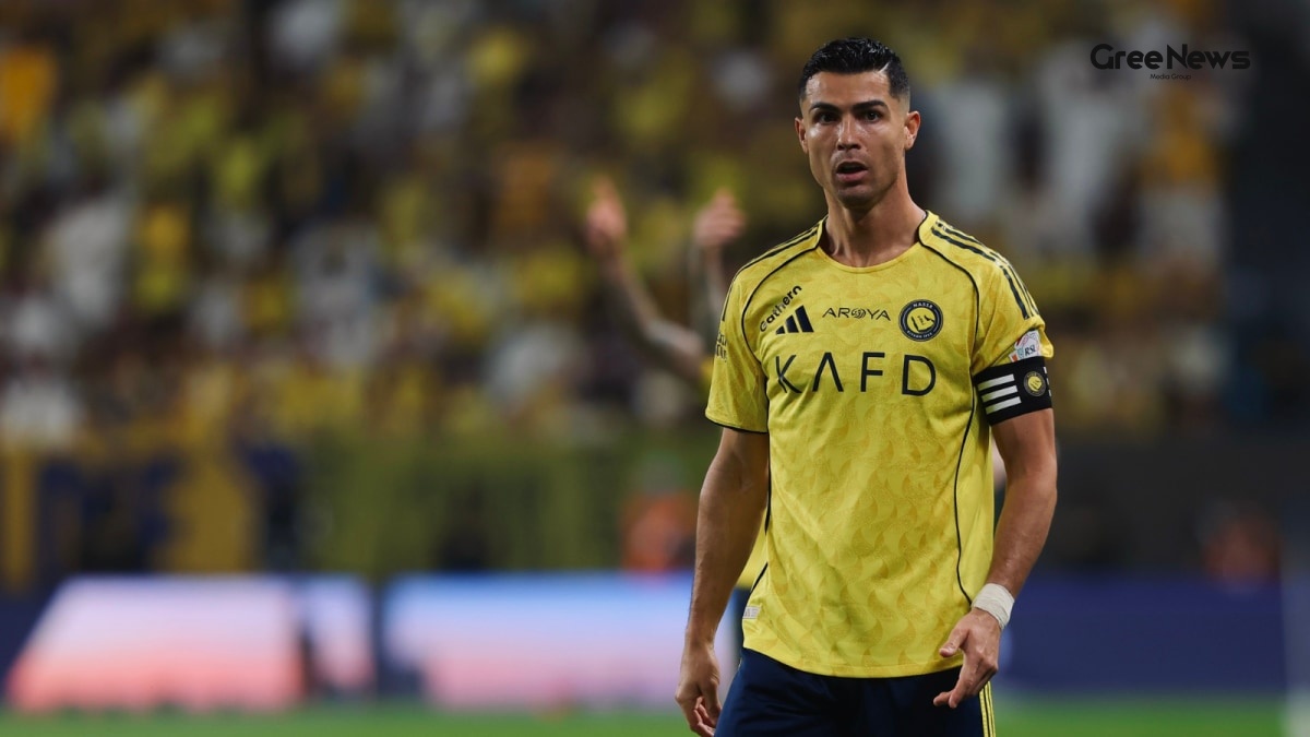 Cristiano Ronaldo celebrating a goal for Al‑Nassr