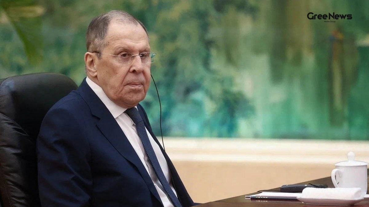 Russian Foreign Minister Sergey Lavrov speaking at a press event