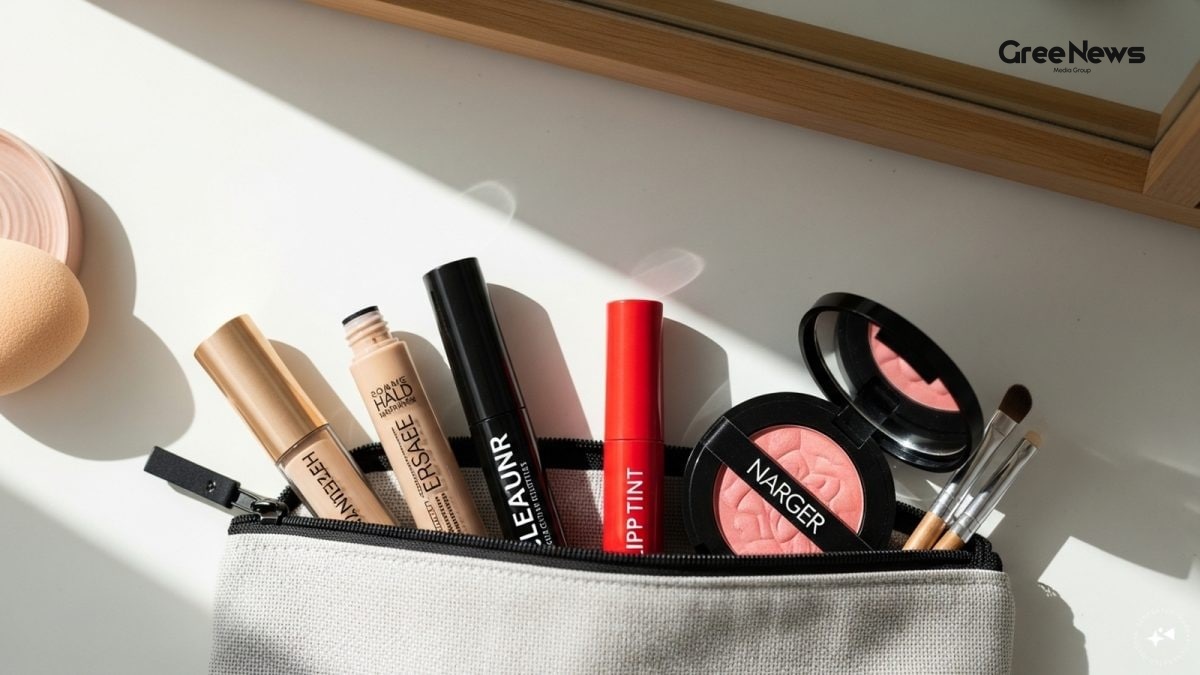 Assorted budget-friendly makeup products on a vanity table