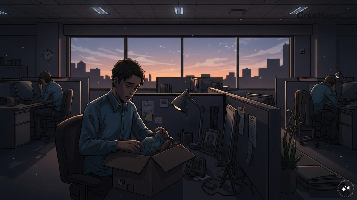 Tech office with empty desks after layoffs