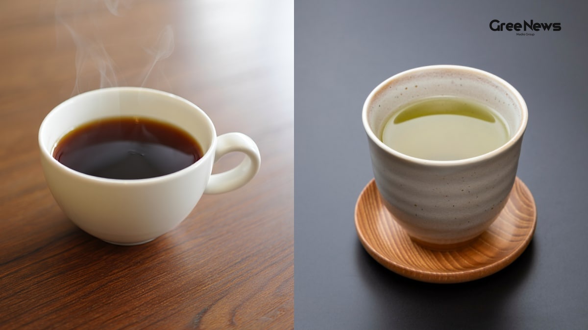 Green tea and black coffee side by side on a kitchen counter